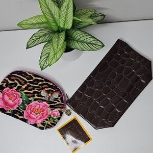 Bundle of 2 Cosmetic Bags Estée Lauder Croc-Embossed & Floral Leopard Print New